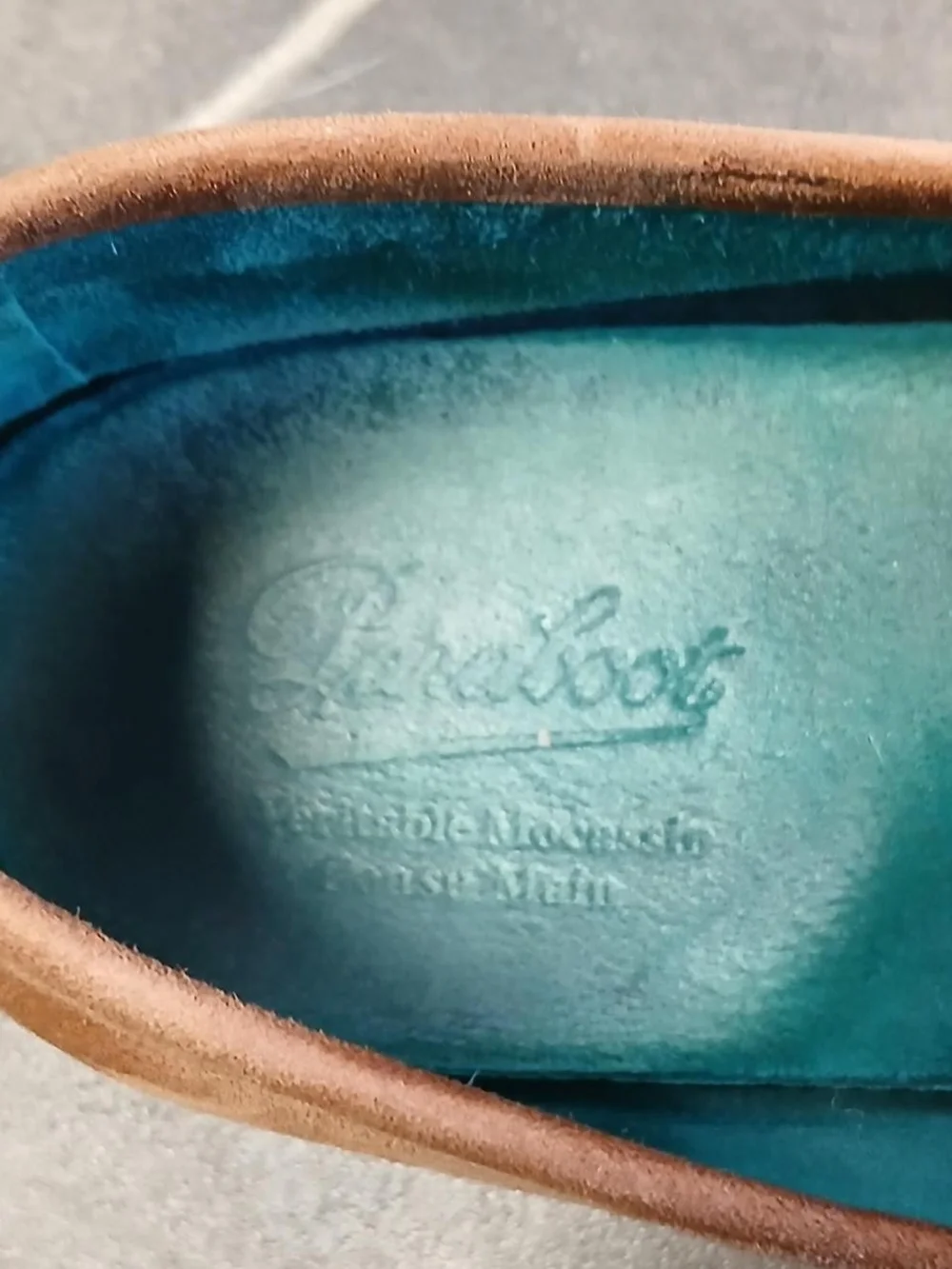Paraboot Size 10 Men's Brown Suede Penny Loafers with Teal Lining